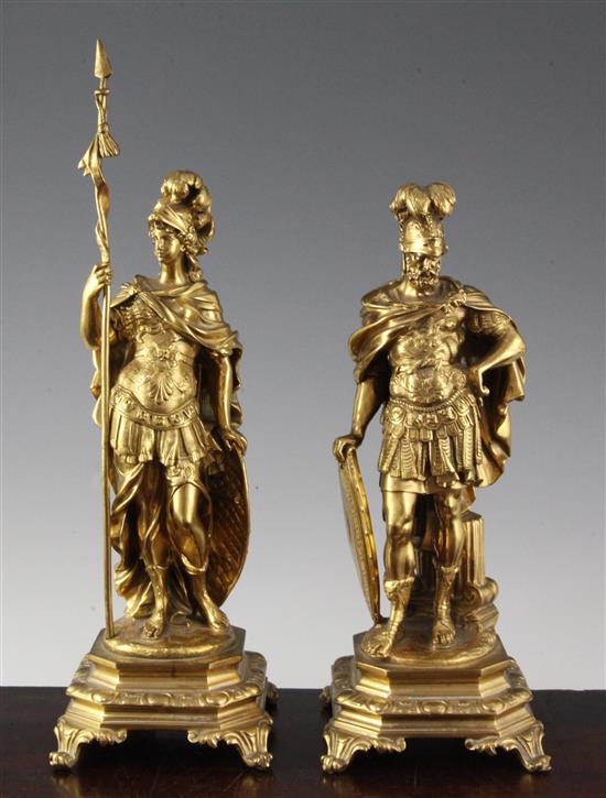 A pair of 19th century French ormolu figures of Mars and Minerva, largest 14in.